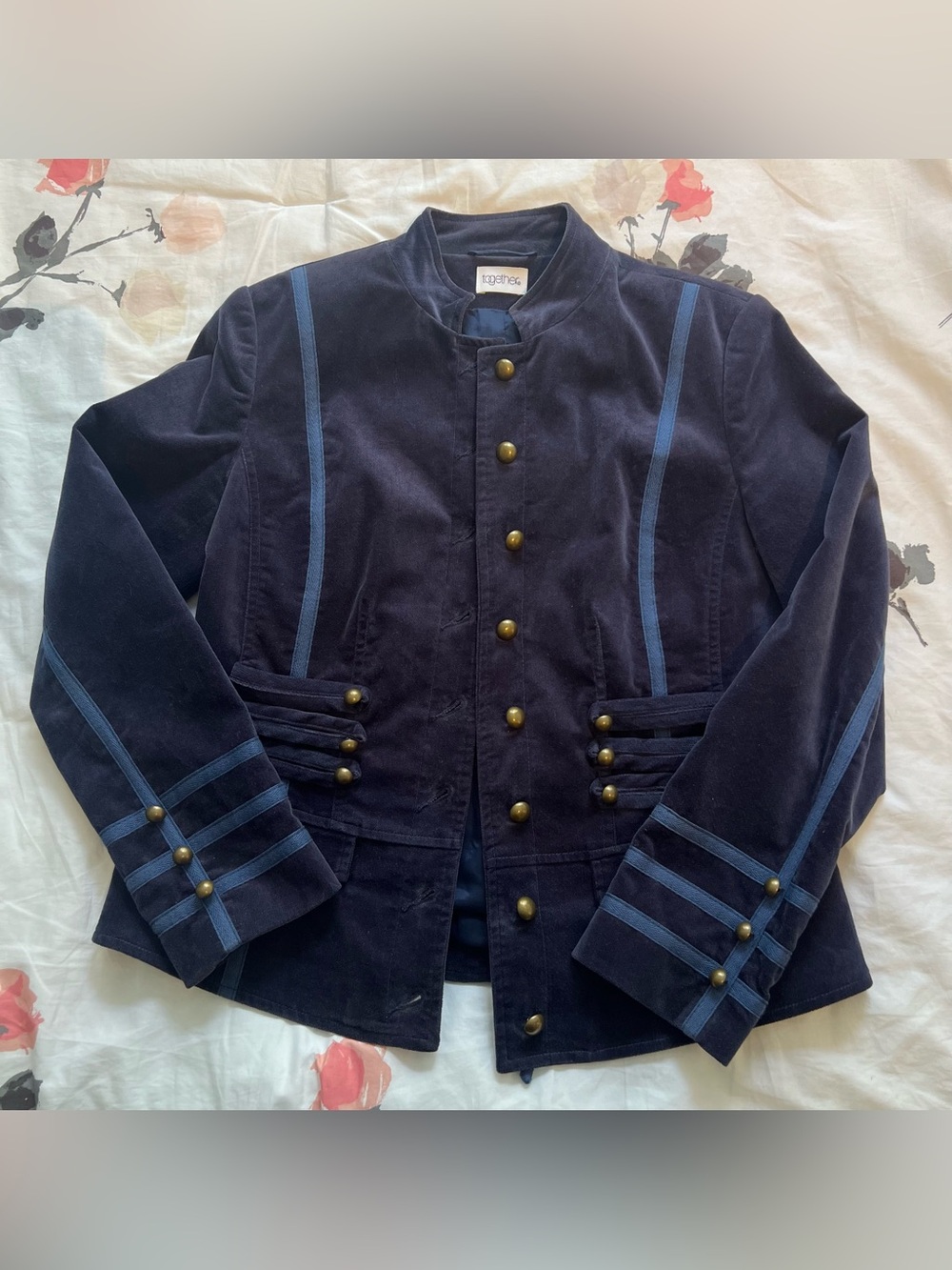 Together Navy Velvet Military-Style Button Jacket with Gold buttons corset back